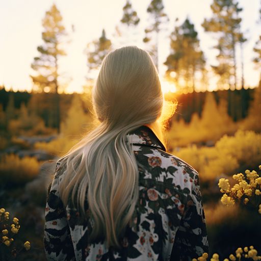 Photo of a woman surrounded by North european nature at dusk