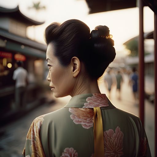 Golden hour portrait of mid-40s asian woman walking down city street.