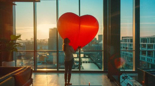 Person holding a large heart-shaped balloon by a window at sunset
