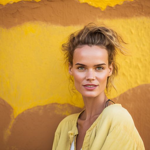 A woman stands against a yellow wall.