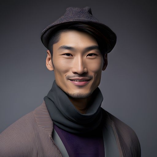 Portrait of Japanese man smiling against a studio gray background