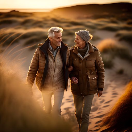 A heartwarming image of a couple in their 60s, holding hands and taking a walk through the dunes.