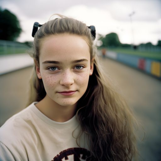 portrait of 13-year-old girl skating at skate park