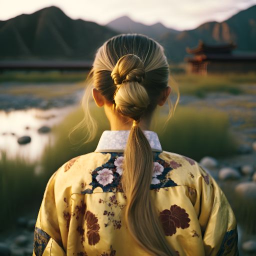 Portrait of asian woman at sunset with asian landscape