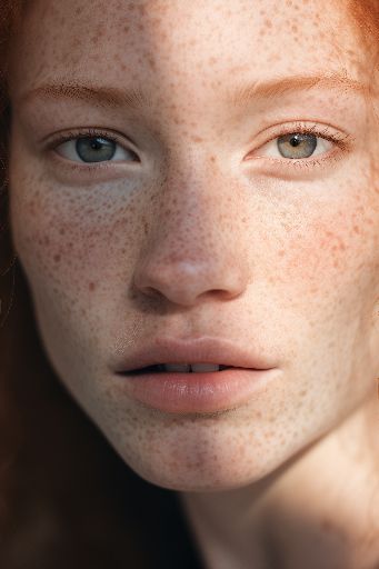 close-up of woman with freckles, pale skin