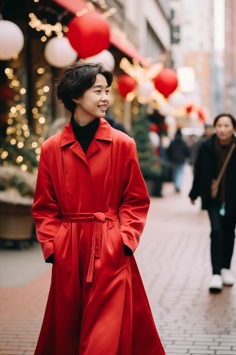 Stylish woman strutting through Shanghai: christmas fashion in cinematic shot