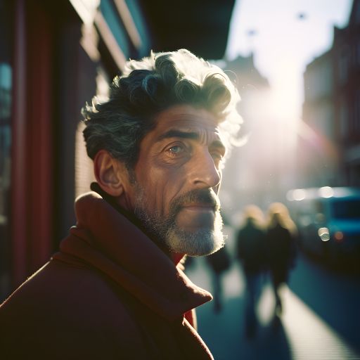 Winter Afternoon in Amsterdam: Portrait of a Man, 50-65 Years, Dark Hair, Sun-Glow in the Streets