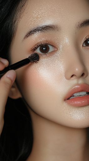 Close-up of a woman applying makeup with a brush