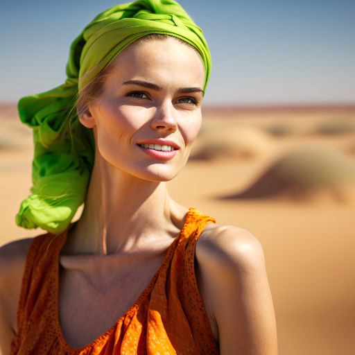 Colorful desert: portrait of a smiling woman in her 20s, dressed in a colorful lime green outfit