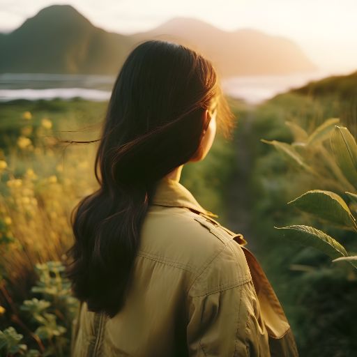 Portrait of young asian woman in nature, mountains in background
