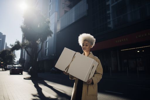 Woman with gift box, empowered in vibrant city street