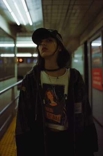 Person in a subway station at night, looking contemplative
