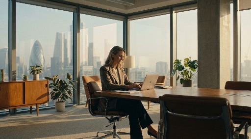 Woman working on a laptop in a modern office with city view.