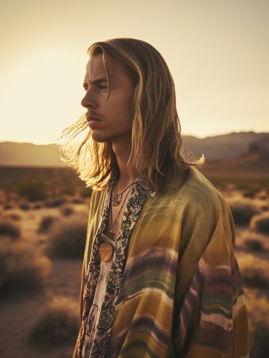Alternative 60s hippies fashion shoot male in desert landscape. Portrait orientation