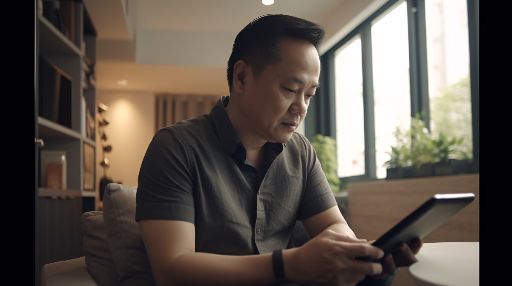 Middle-aged asian man on couch with tablet