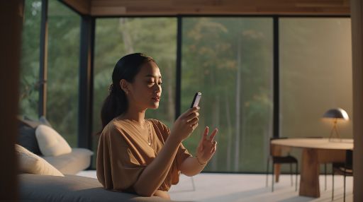 Asian woman chatting on smartphone by large windows
