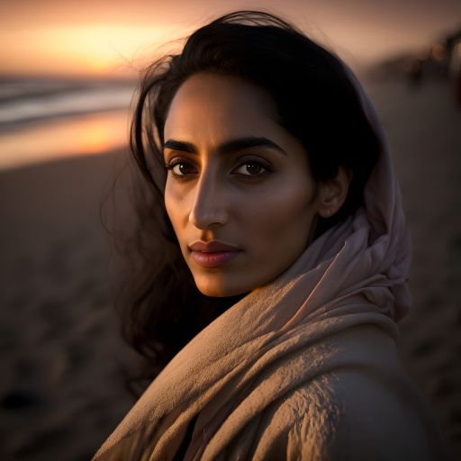 Pakistani Woman Walking at Dutch Coast at Sunset