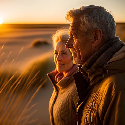 A sweet moment of a couple in their golden years, walking through the dunes, enjoying the beauty of nature.