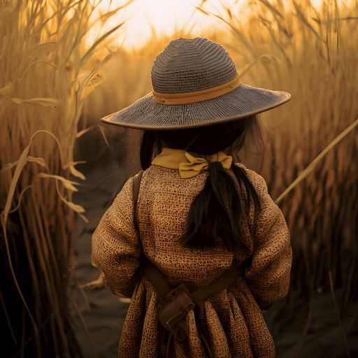 6 y/o girl in peaceful asian landscape at sunset, captivating beauty.