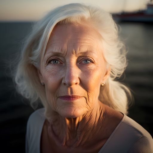 A portrait of a mature woman radiating beauty and wisdom as she stands at the sea.