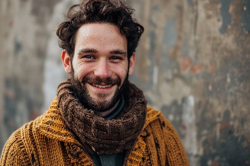 Smiling young man with a beard wearing a chunky knit sweater
