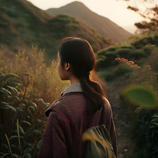 Young asian woman, mid 20s, stands in nature w/mountains in background. seen from behind.