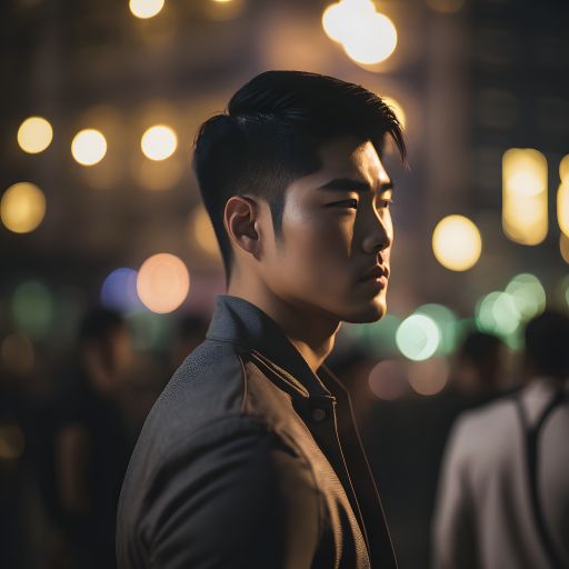 Portrait of a asian man at a rooftop party at night, looking away from the camera