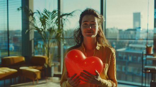 Woman holding a heart-shaped balloon in a sunny room