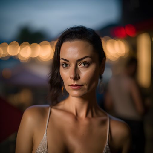 Woman at outdoor party, twinkling lights in the background.