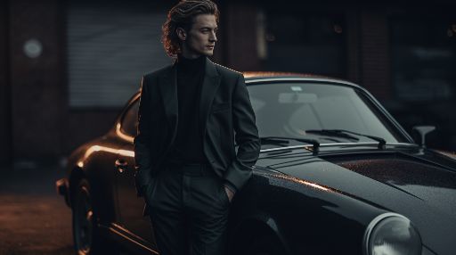 Man in 80s fashion suit standing in front of a vintage car