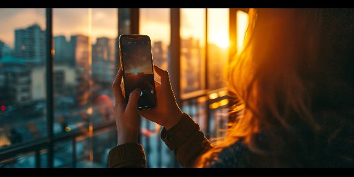 Person capturing sunset with smartphone from a balcony