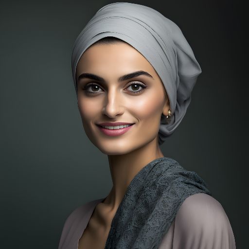 Portrait of a woman wearing a handscarf against a dark gray background