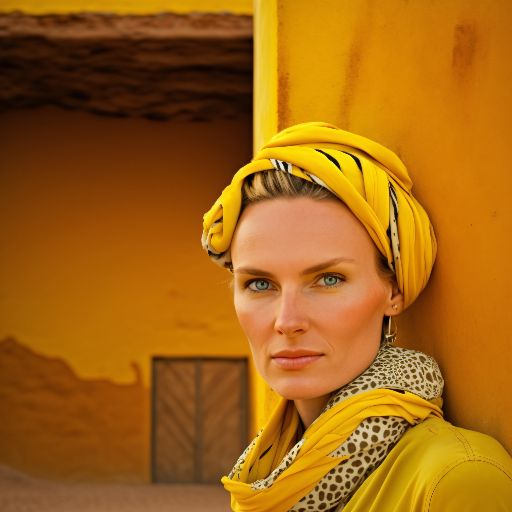 A woman wearing a bright and colorful dress stands against a yellow wall.