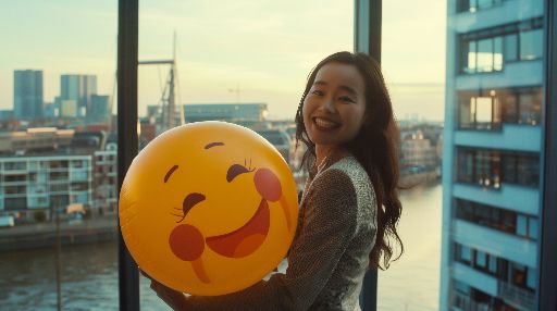 Woman smiling holding a large emoji balloon by a window with city view