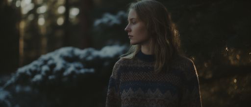 Woman in sweater amidst a forest at dusk, exuding a contemplative mood