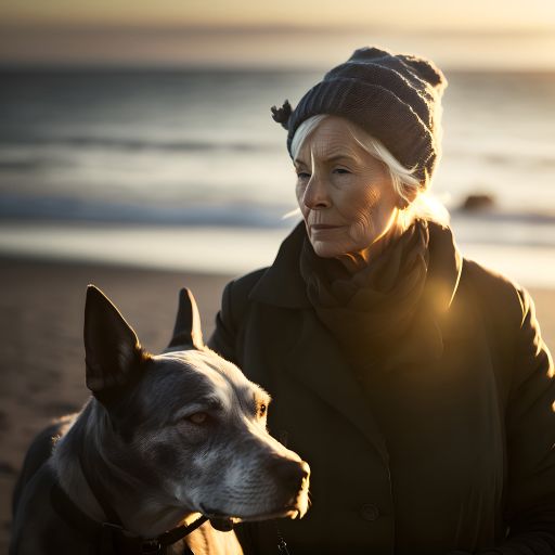 Winter Sun at the Beach: A Portrait of a Beautiful 55-Year-Old Woman Walking Her Dog