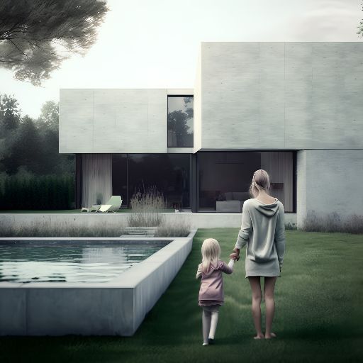 Concrete architecture. Mother and child in the gorden