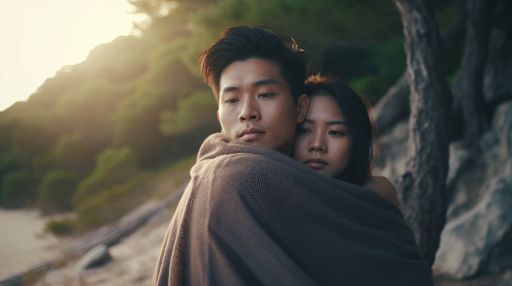 Asian couple hugging by the sea