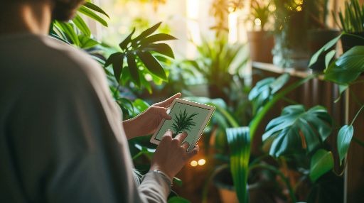 Person using a tablet to photograph a plant in a lush indoor garden