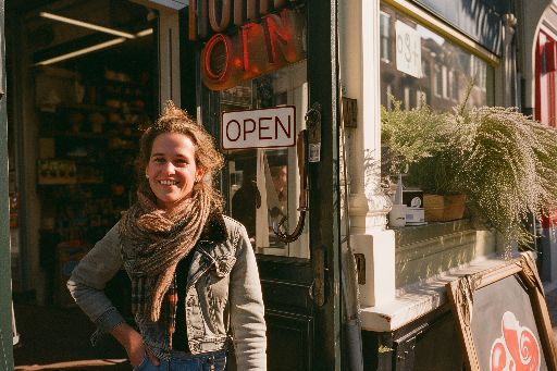 dutch shop owner in front of "open" sign