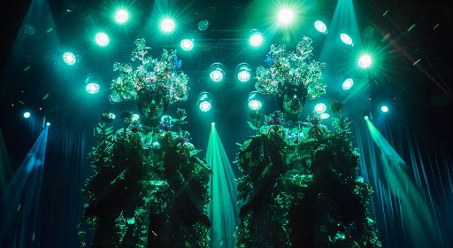Performers in elaborate tree-like costumes on stage under spotlights