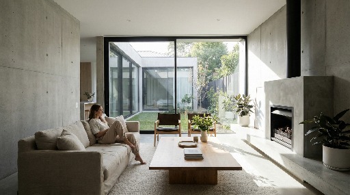 Woman relaxing in a modern living room with large windows.