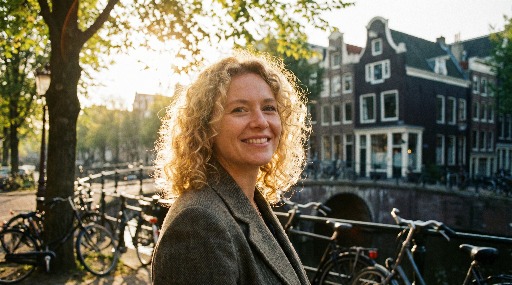Smiling woman stands by a canal in Amsterdam with bicycles.