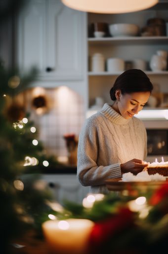 Woman baking christmas cake in modern kitchen