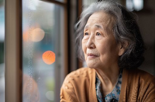 Elderly woman gazing out a window with reflective contemplation