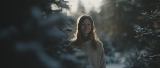 Woman standing amidst snow-covered trees, soft focus