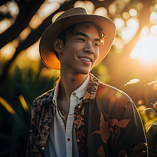young man in taiwan, surrounded by lush nature, wearing a sun hat.