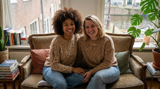 Two women sitting on a couch by a window, smiling.
