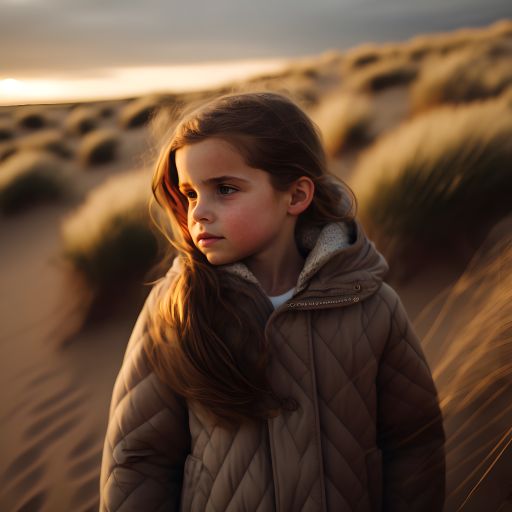 A child walks through the dunes, the last rays of the sun illuminating their face as they take in the beauty of nature.