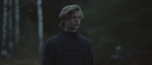 Teenage boy in vintage christmas sweater in swedish forest
